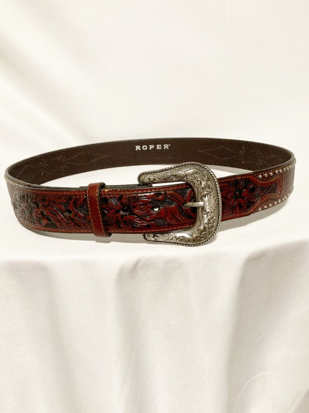 Roper Hand-Tooled Leather Belt Floral Design Silver Buckle Size 38 NWOT